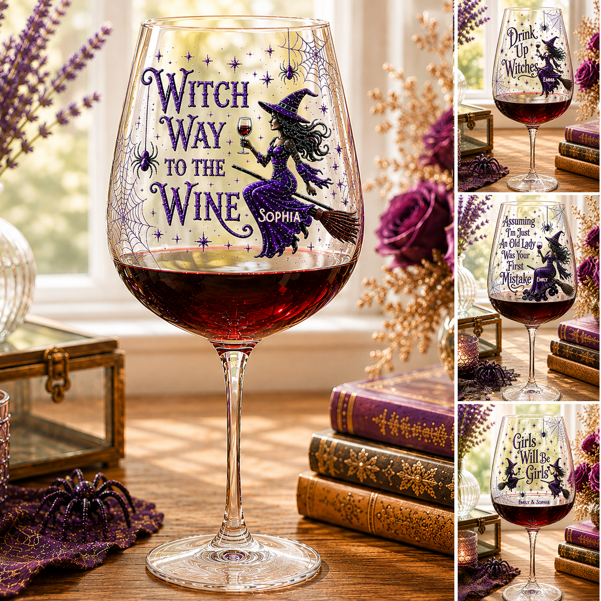 Drink Up Witches - Verres à vin de sorcière personnalisés avec boîte en bois