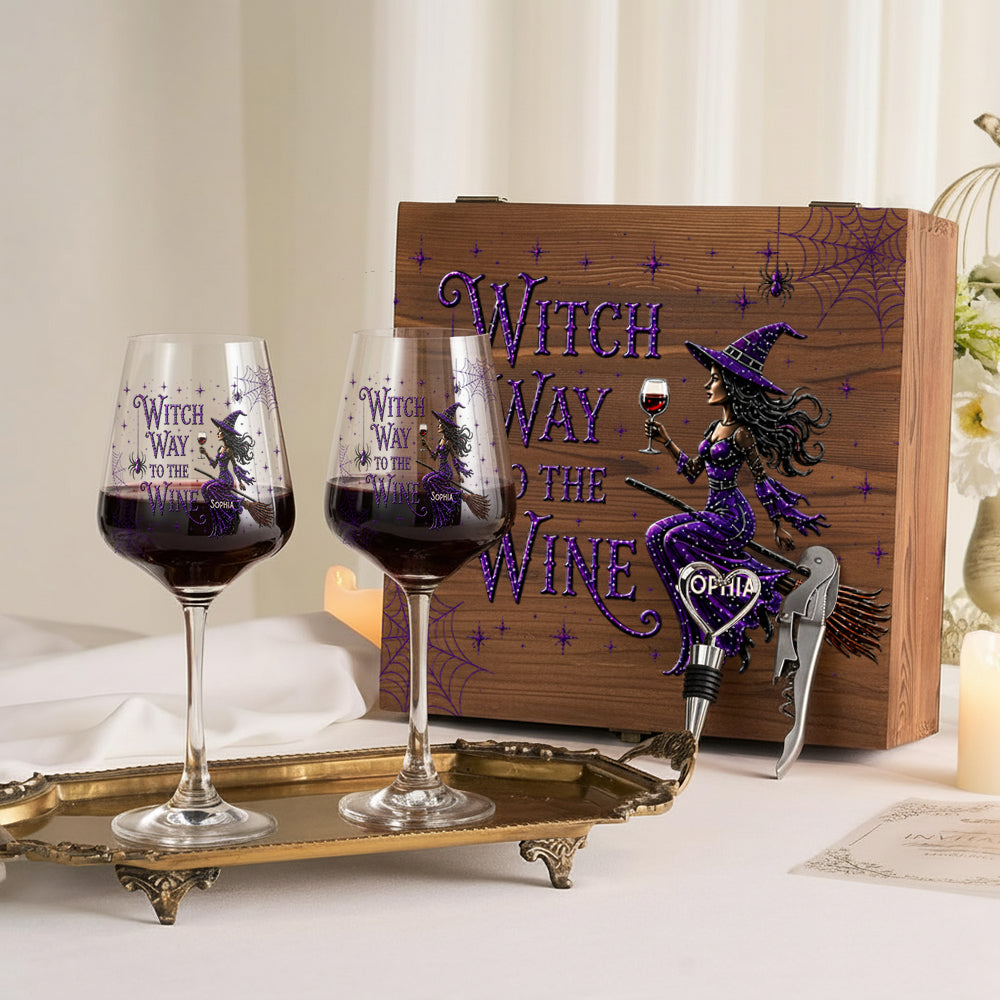 Drink Up Witches - Verres à vin de sorcière personnalisés avec boîte en bois