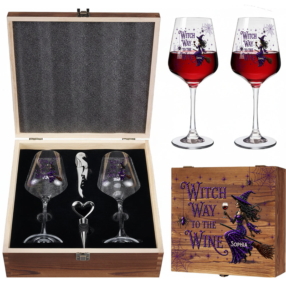 Drink Up Witches - Verres à vin de sorcière personnalisés avec boîte en bois
