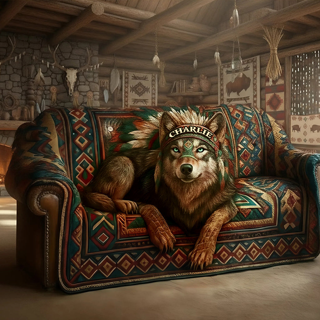 Loup amérindien - Housse de canapé matelassée personnalisée à motif amérindien