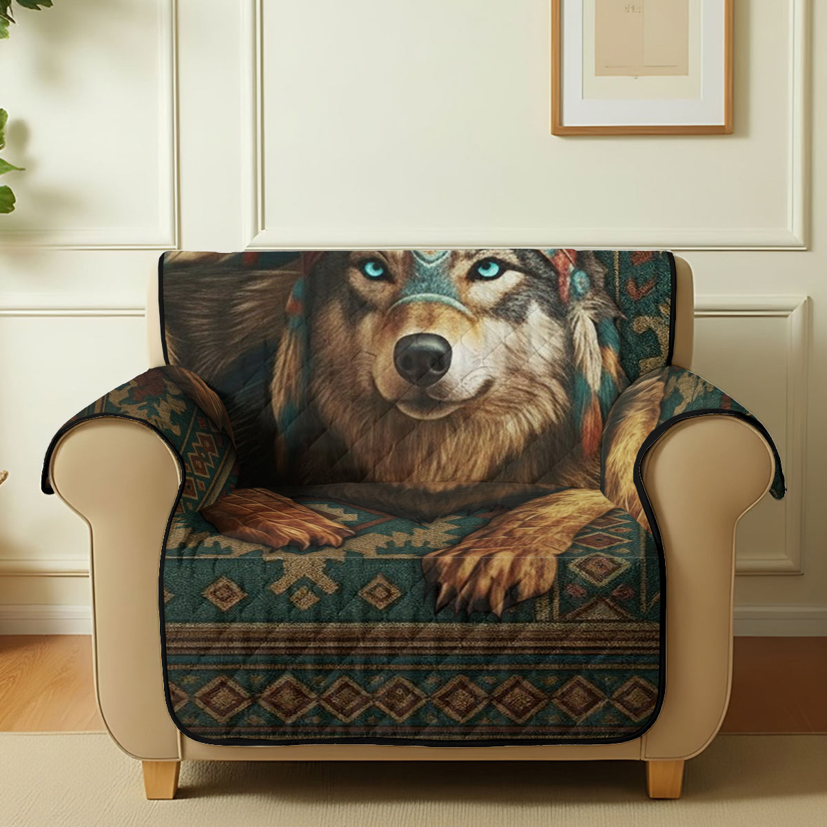 Loup amérindien - Housse de canapé matelassée personnalisée à motif amérindien