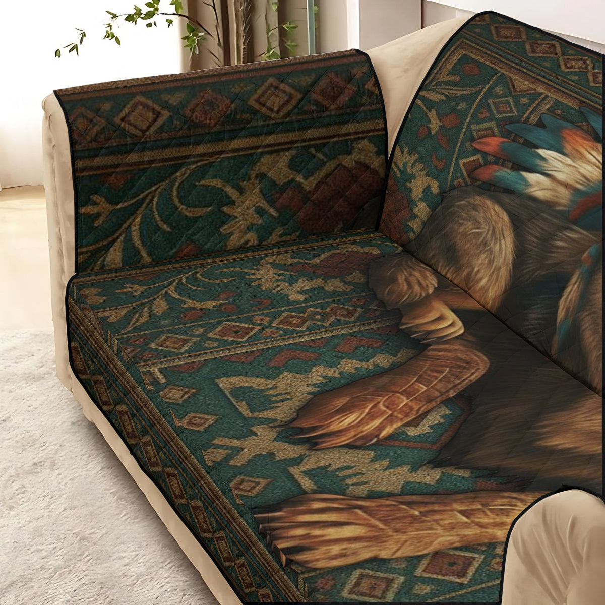 Loup amérindien - Housse de canapé matelassée personnalisée à motif amérindien