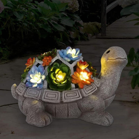 Statue solaire de jardin extérieur en forme de tortue avec plante grasse et 7 lumières LED
