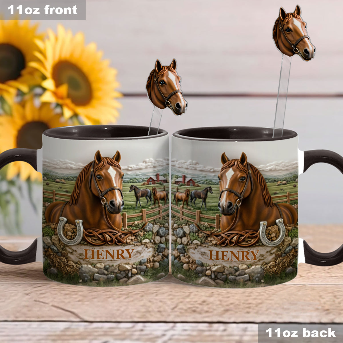 Cadeau pour les amoureux des chevaux - Mug personnalisé à motif cheval avec agitateurs en acrylique