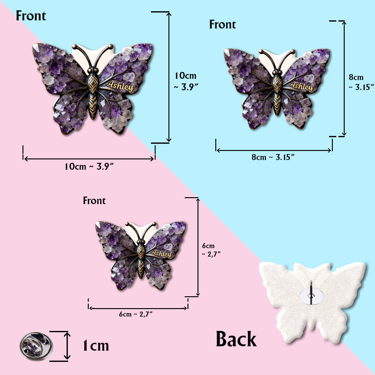 Broche papillon personnalisée style améthyste/perle/diamant