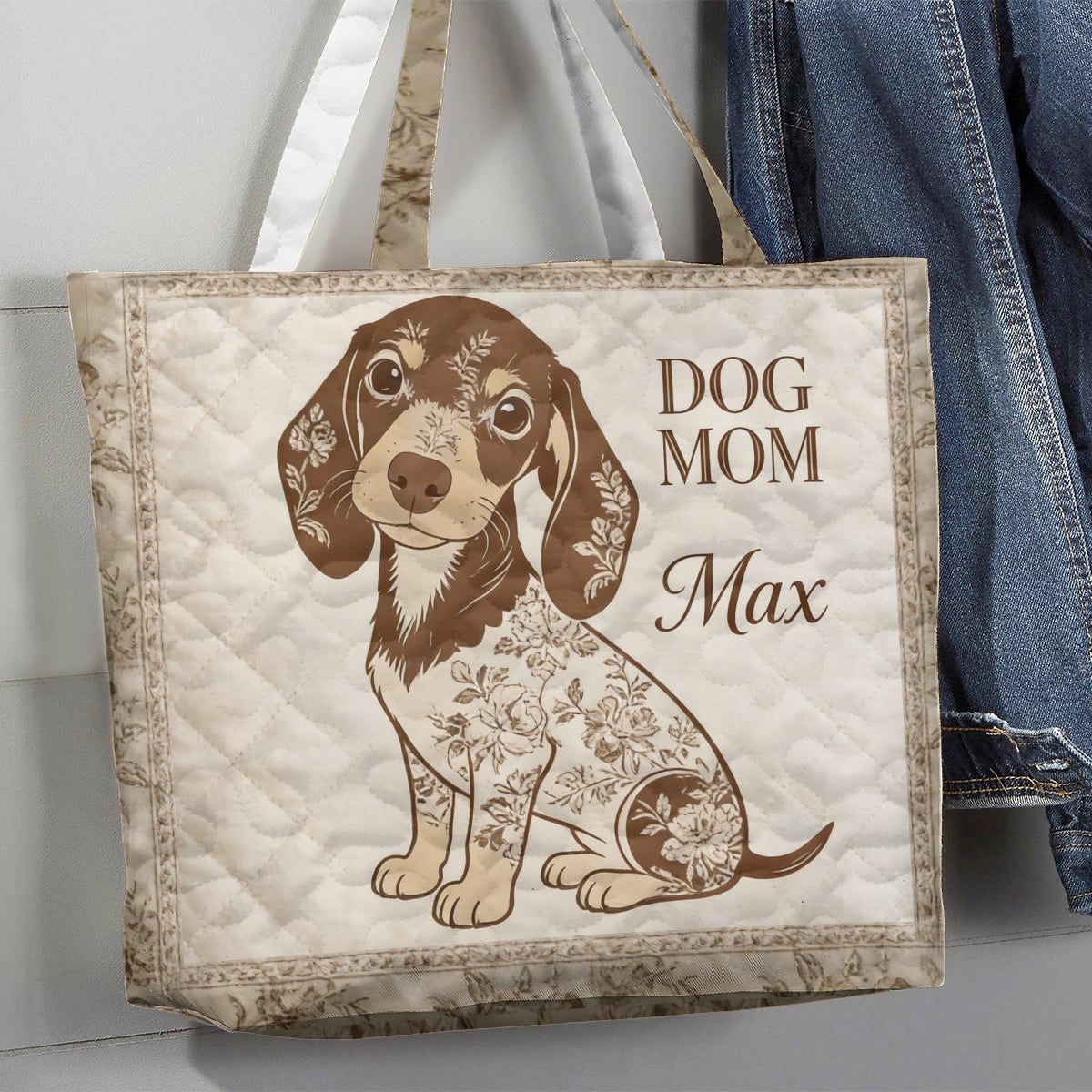 J'adore mon chien - Style Toile De Jouy - Sac fourre-tout matelassé personnalisé