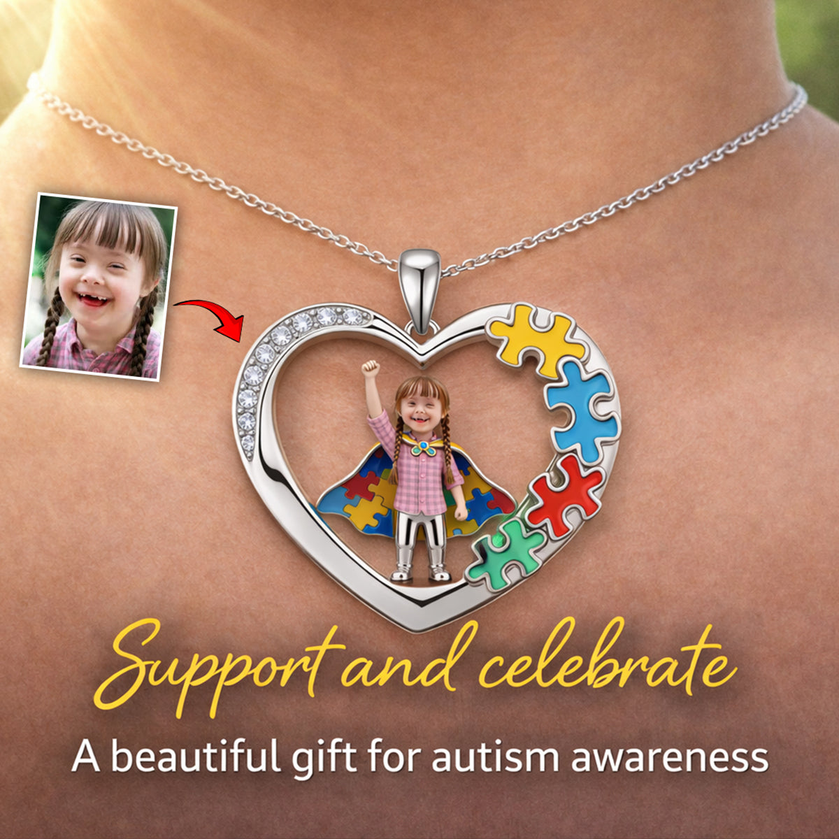 Autism Kid - Personalized Autism Awareness Shaped Metal Pendant Necklace