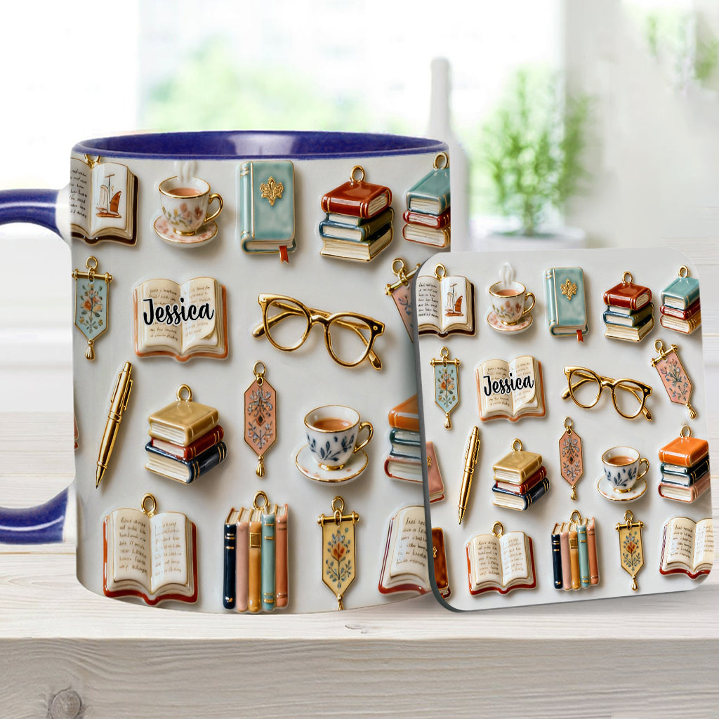 Une fille qui aime les livres - Mug et sous-verre personnalisés avec motif livre