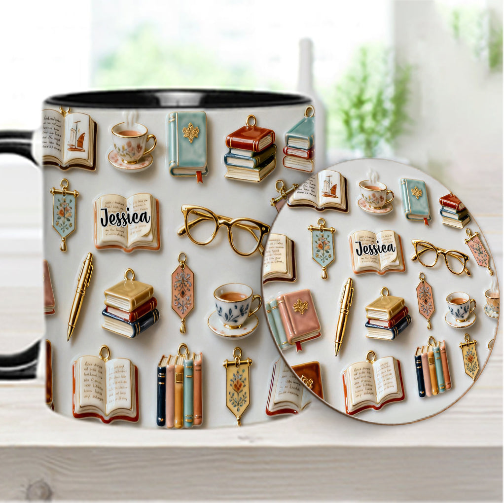 Une fille qui aime les livres - Mug et sous-verre personnalisés avec motif livre
