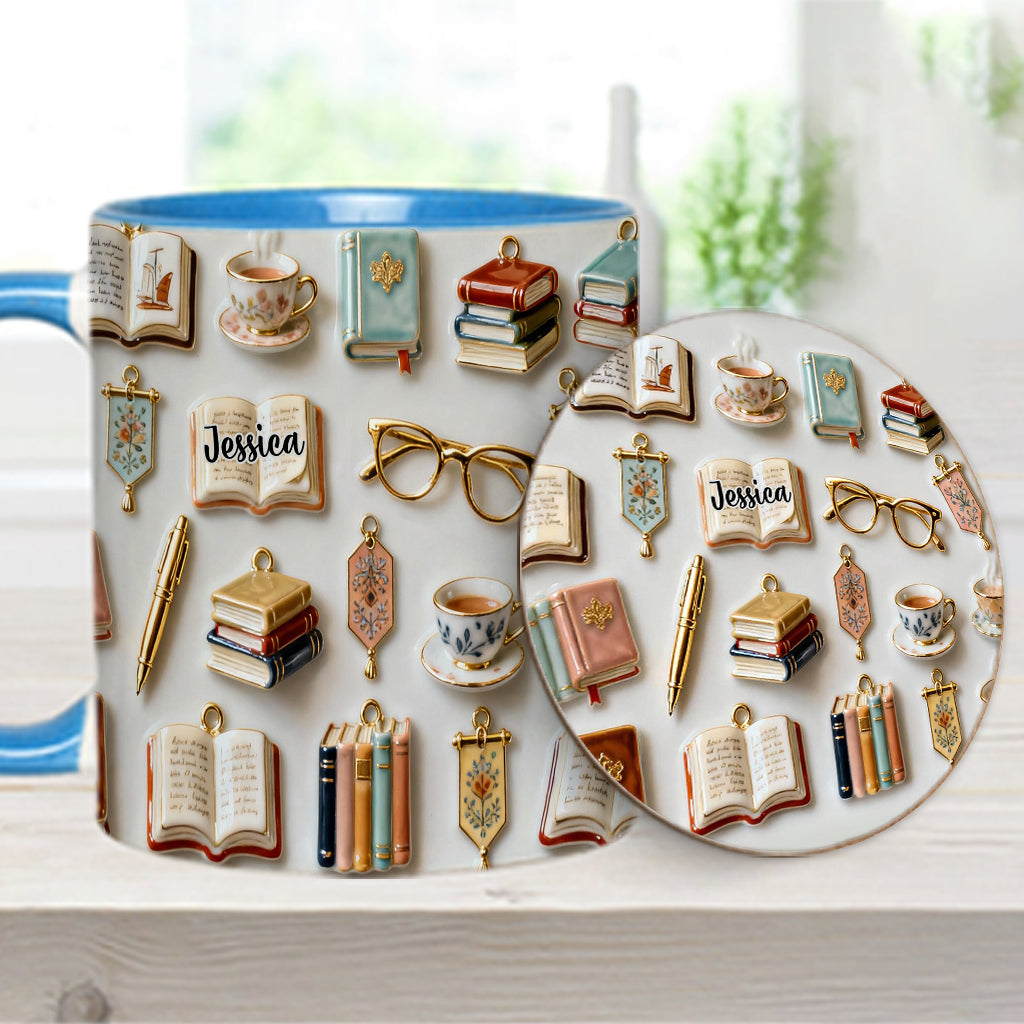 Une fille qui aime les livres - Mug et sous-verre personnalisés avec motif livre