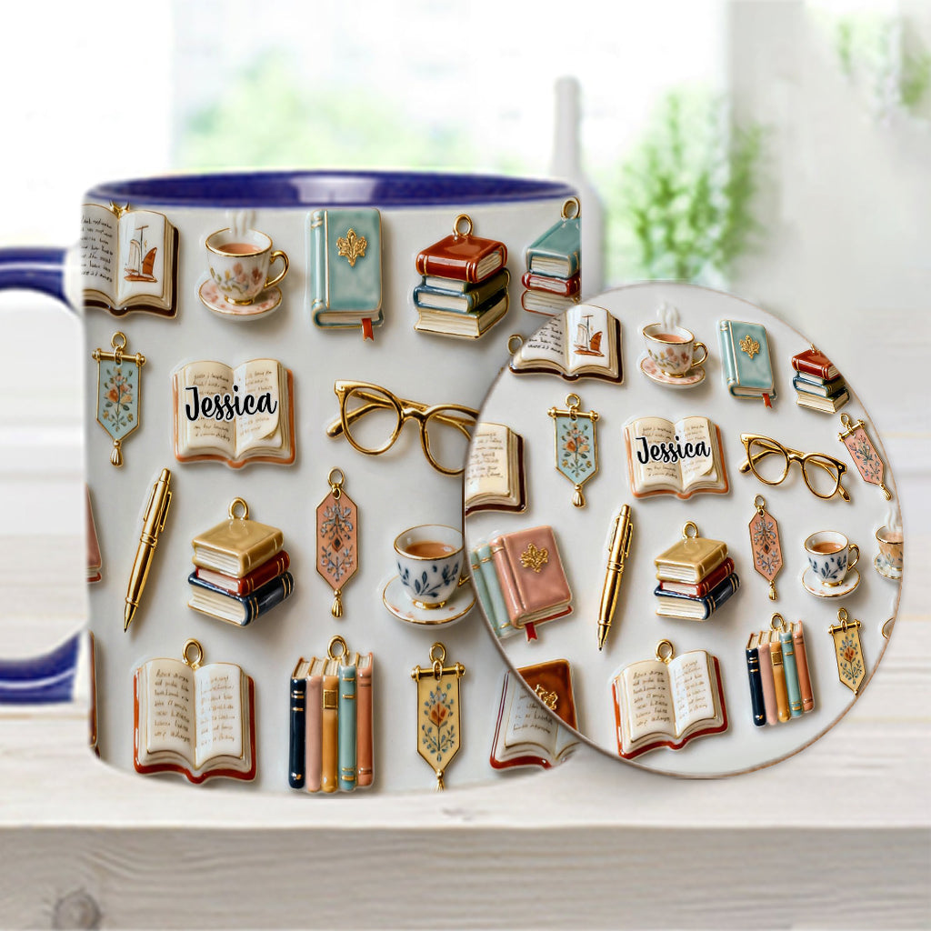 Une fille qui aime les livres - Mug et sous-verre personnalisés avec motif livre