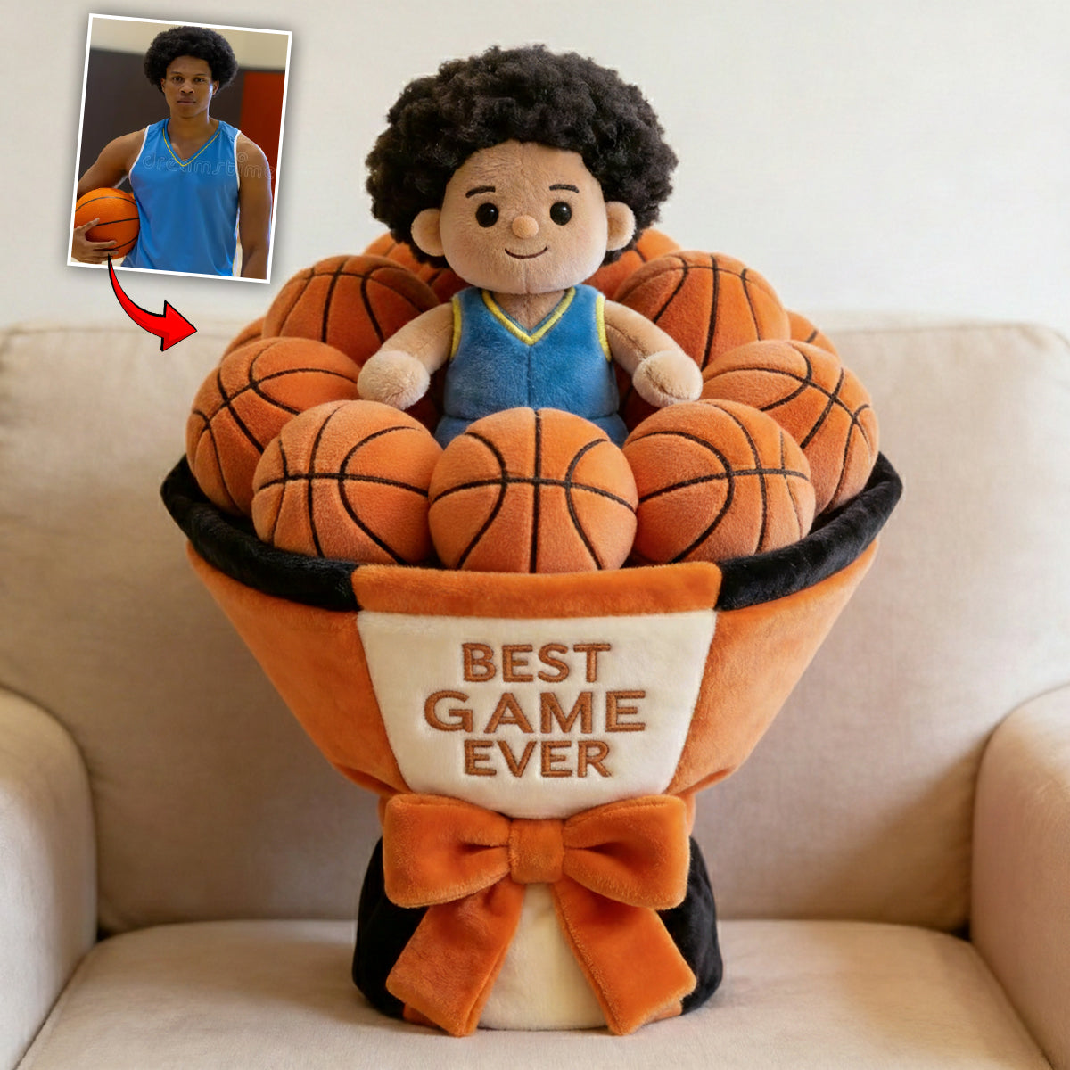 Bouquet de peluches de basketball personnalisé - Coussin en fausse fourrure premium personnalisé sur le thème du basketball