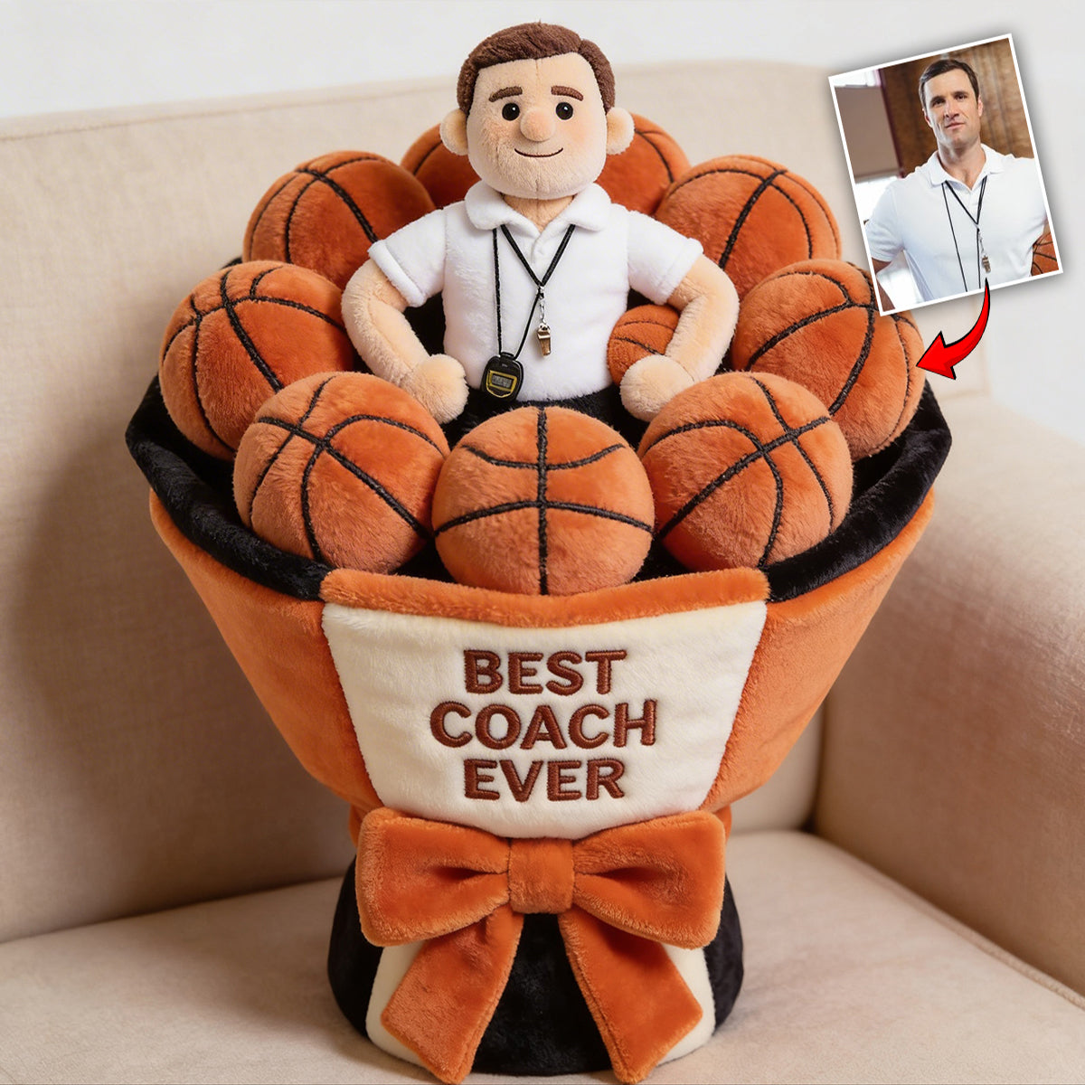 Bouquet de peluches de basketball personnalisé - Coussin en fausse fourrure premium personnalisé sur le thème du basketball