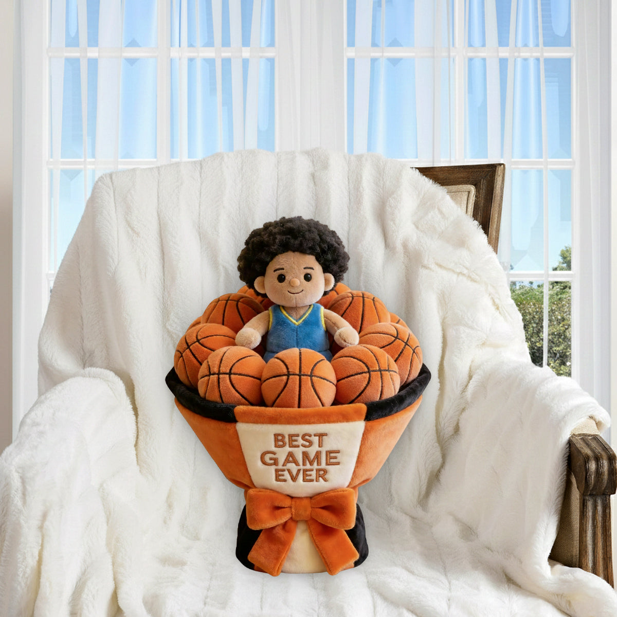 Bouquet de peluches de basketball personnalisé - Coussin en fausse fourrure premium personnalisé sur le thème du basketball