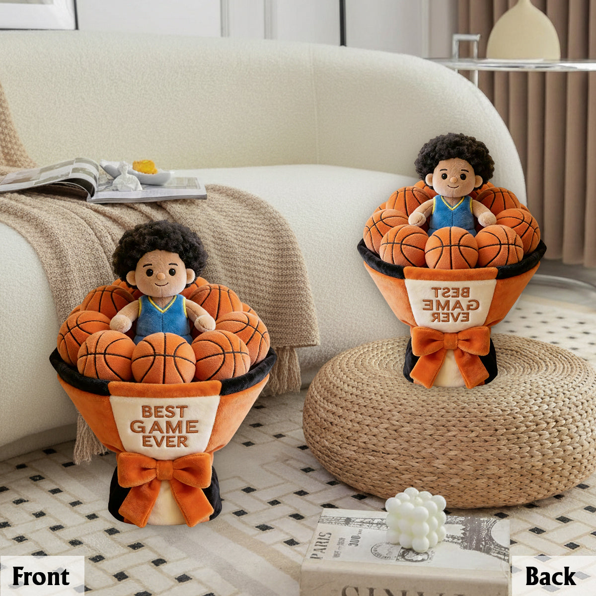 Bouquet de peluches de basketball personnalisé - Coussin en fausse fourrure premium personnalisé sur le thème du basketball