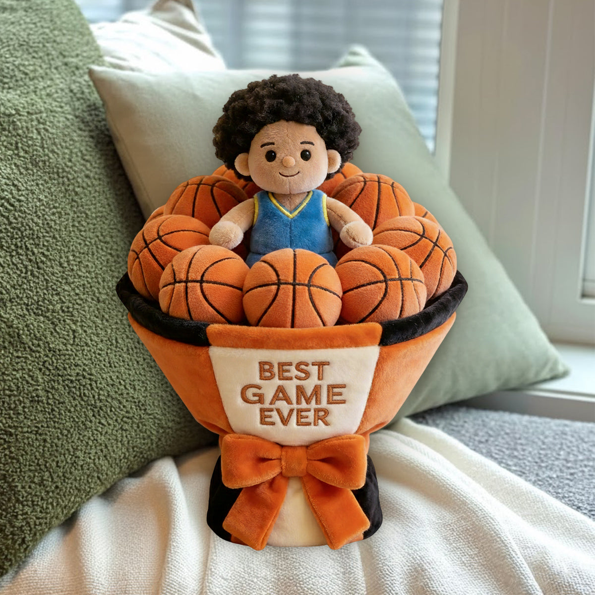 Bouquet de peluches de basketball personnalisé - Coussin en fausse fourrure premium personnalisé sur le thème du basketball