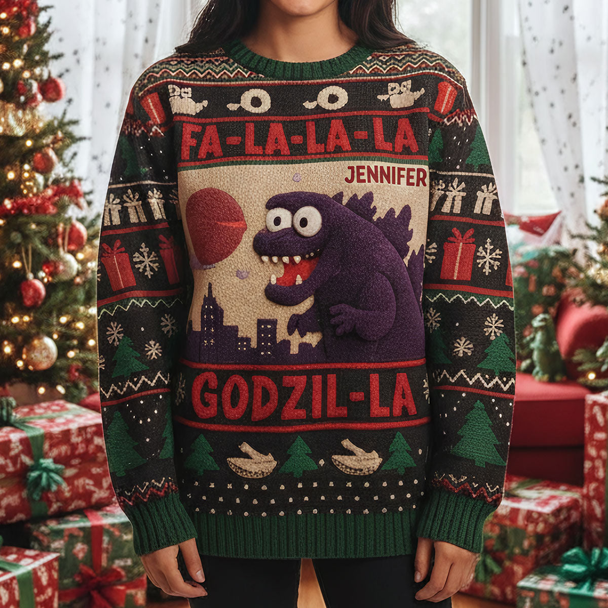 Pull de Noël Godzilla Falala - Pull de Noël Monstre Géant Personnalisé
