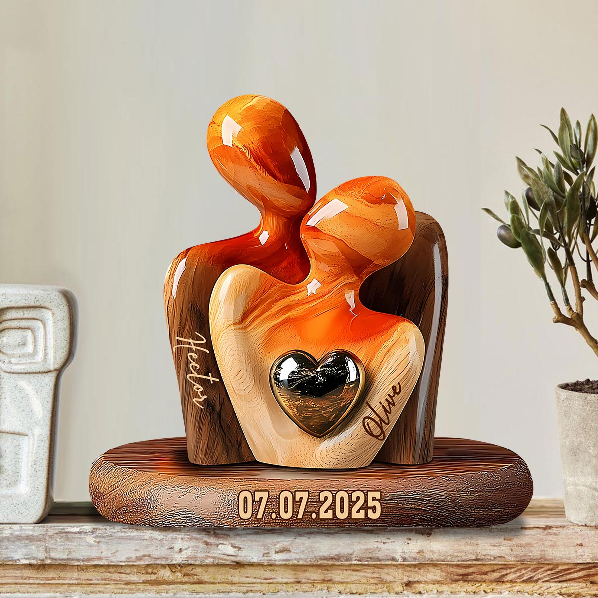 Statue élégante de couple avec incrustation de cœur - Plaque en bois personnalisée pour couple