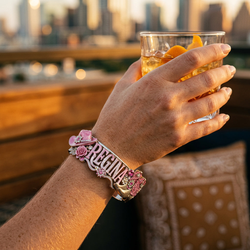 Western Style Pink Cowgirl Boots - Personalized Cowgirl Shaped Cuff Bracelet