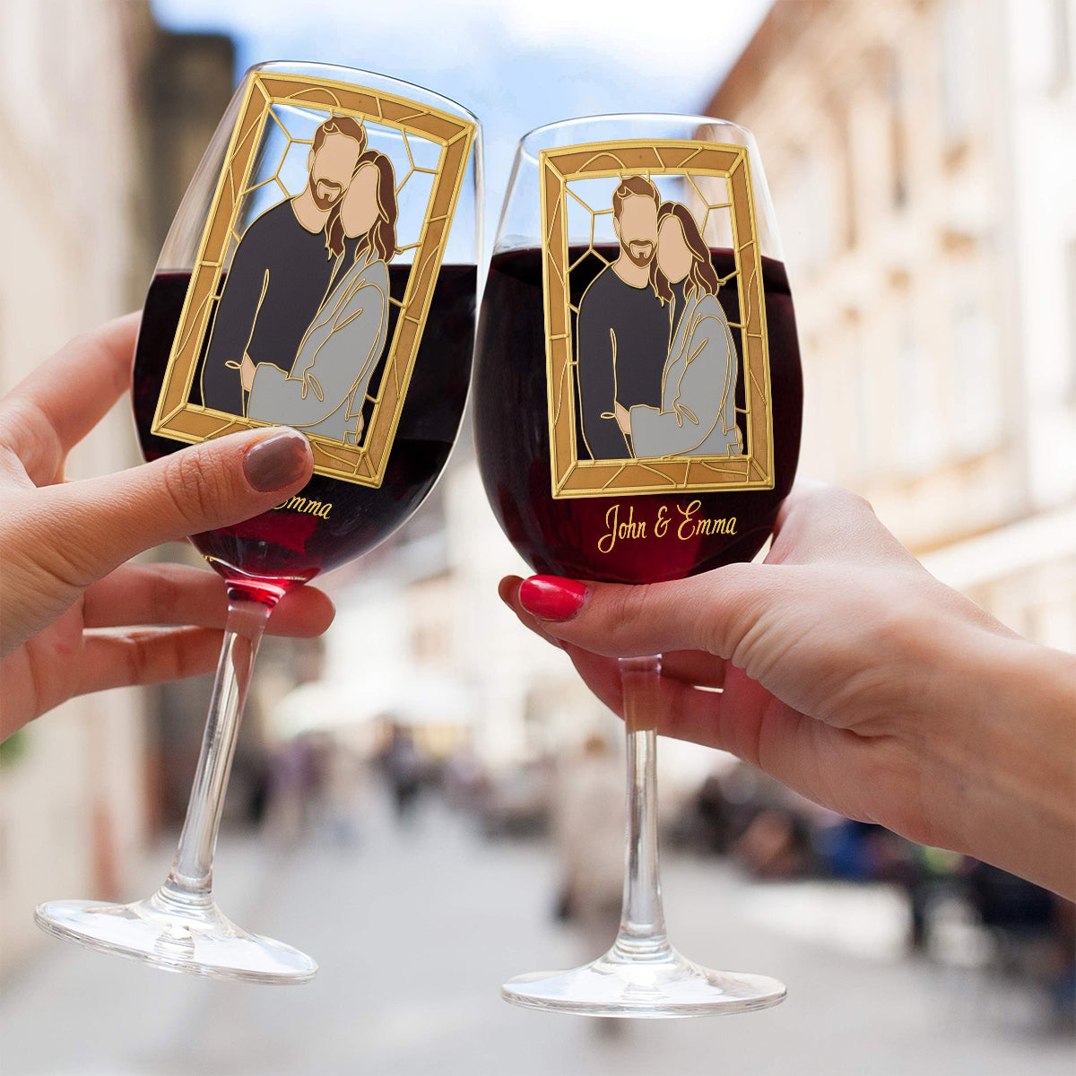 Custom One Line Art From Photo, Hand Painted Stained Glass Style - Personalized Couple Wine Glass With Long Stem