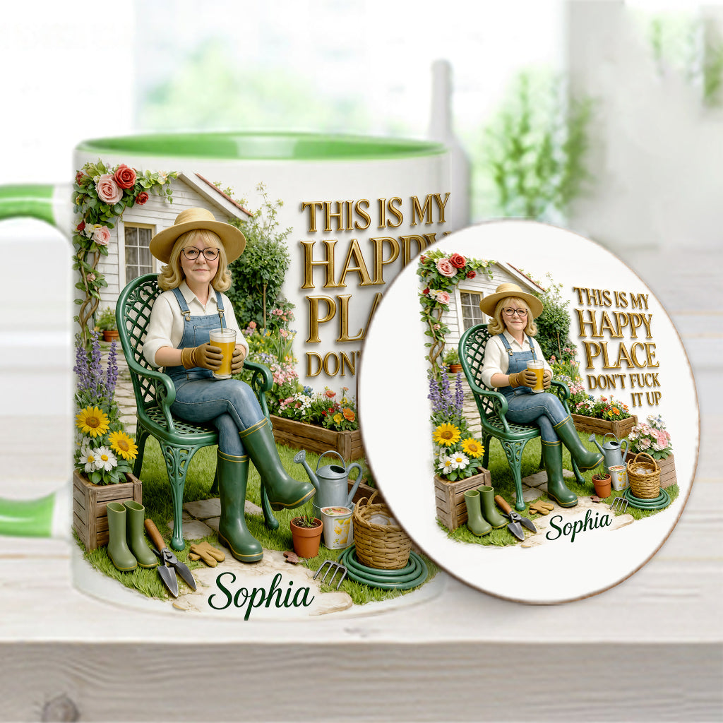 Garden Is My Happy Place - Personalized Gardening Accent Mug & Coaster
