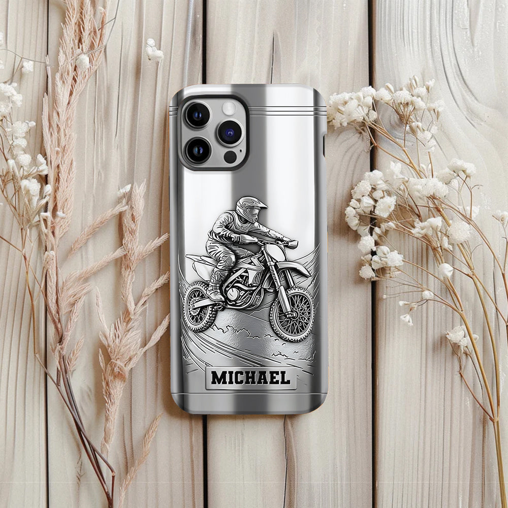 Coque de téléphone personnalisée motif motocross/cross métallisée - Coque de téléphone imprimée intégralement sur le thème du motocross