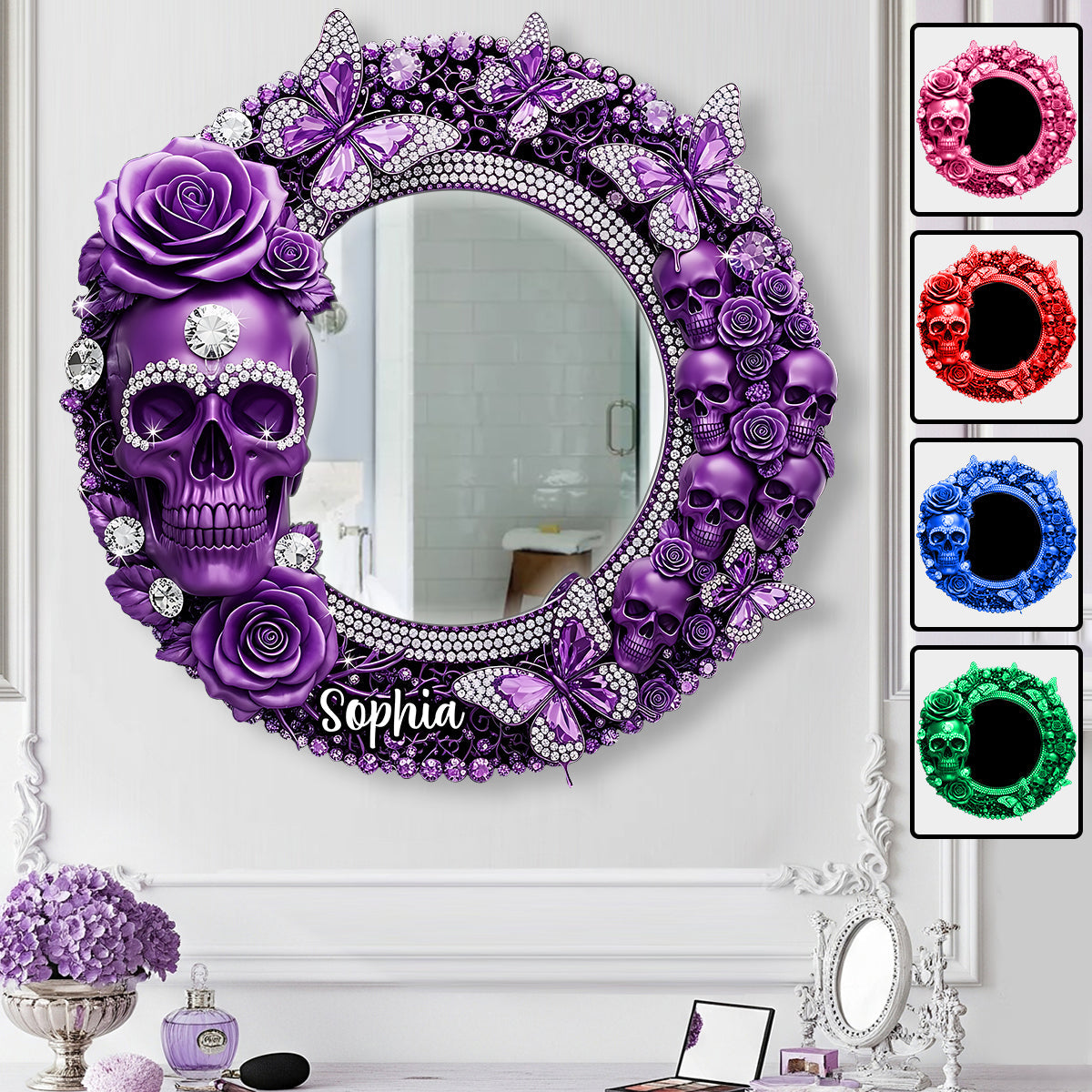 Magnifique crâne orné de roses - Miroir mural crâne personnalisé