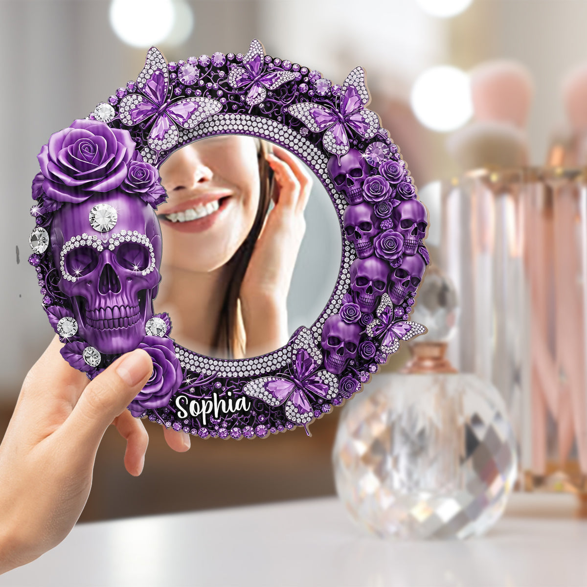 Magnifique crâne orné de roses - Miroir mural crâne personnalisé