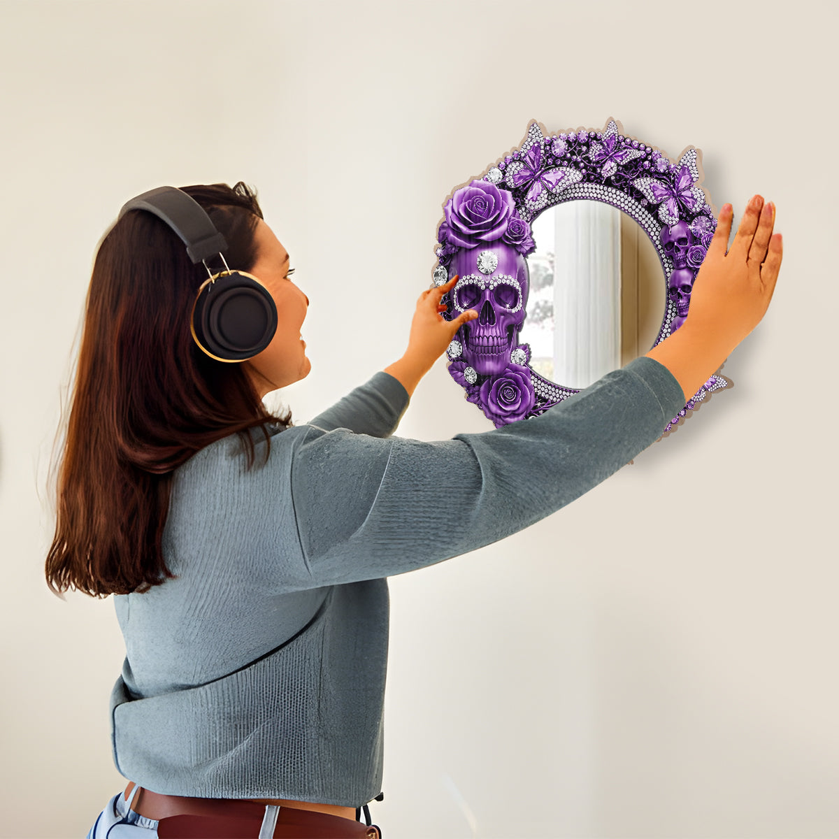 Magnifique crâne orné de roses - Miroir mural crâne personnalisé