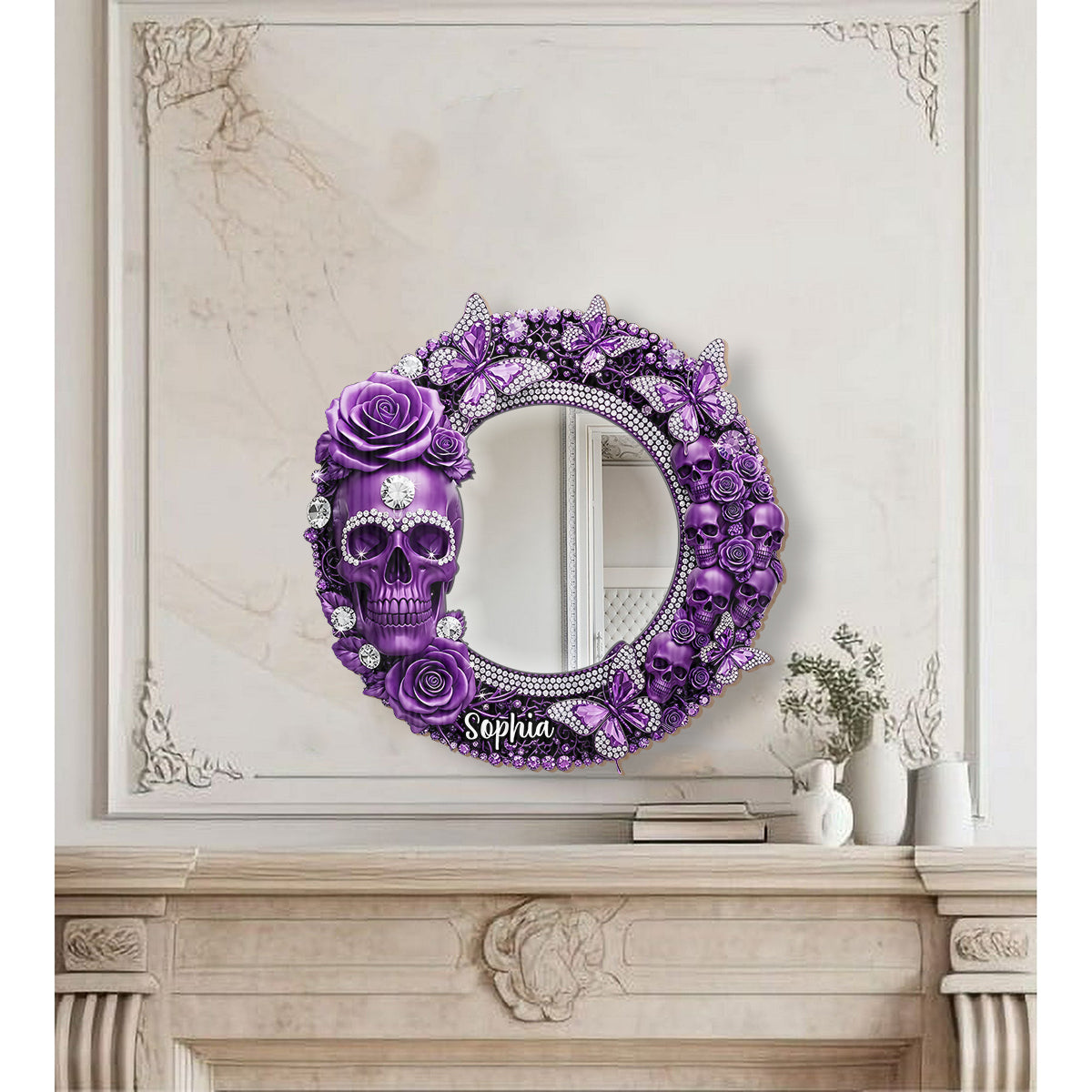 Magnifique crâne orné de roses - Miroir mural crâne personnalisé