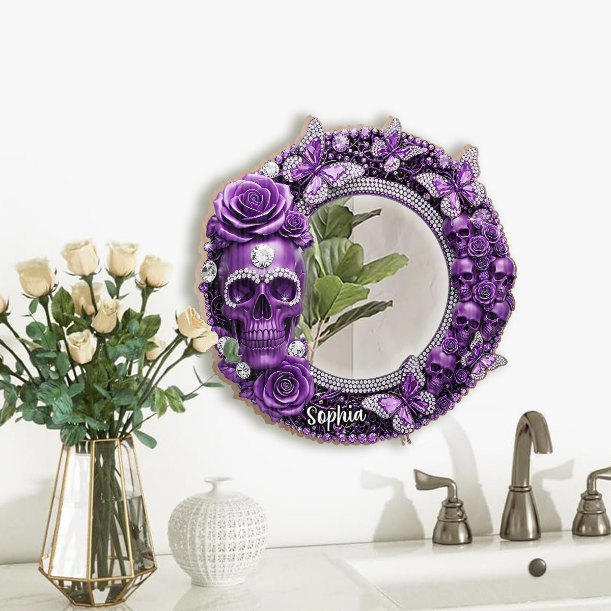 Magnifique crâne orné de roses - Miroir mural crâne personnalisé