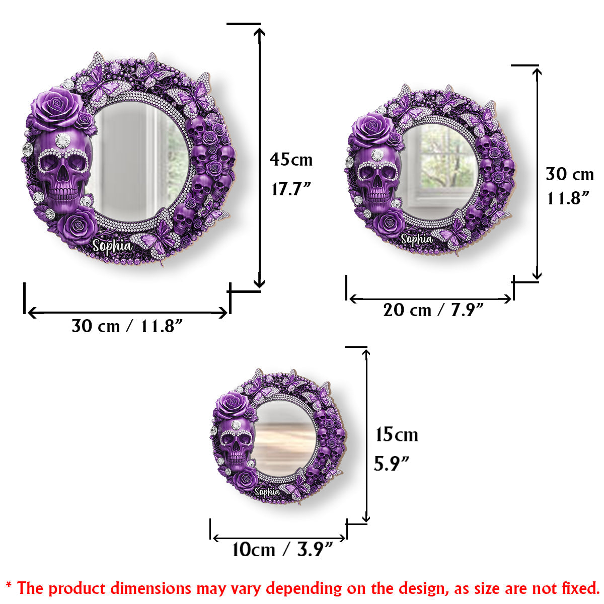 Magnifique crâne orné de roses - Miroir mural crâne personnalisé