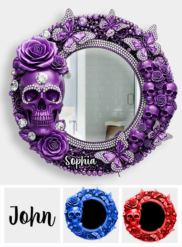 Magnifique crâne orné de roses - Miroir mural crâne personnalisé