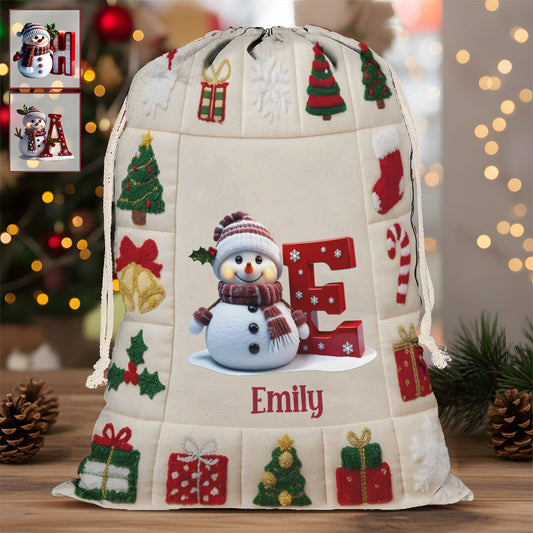 Alphabet SnowmanPresents Bag - Personalized Family Drawstring Tote Bag