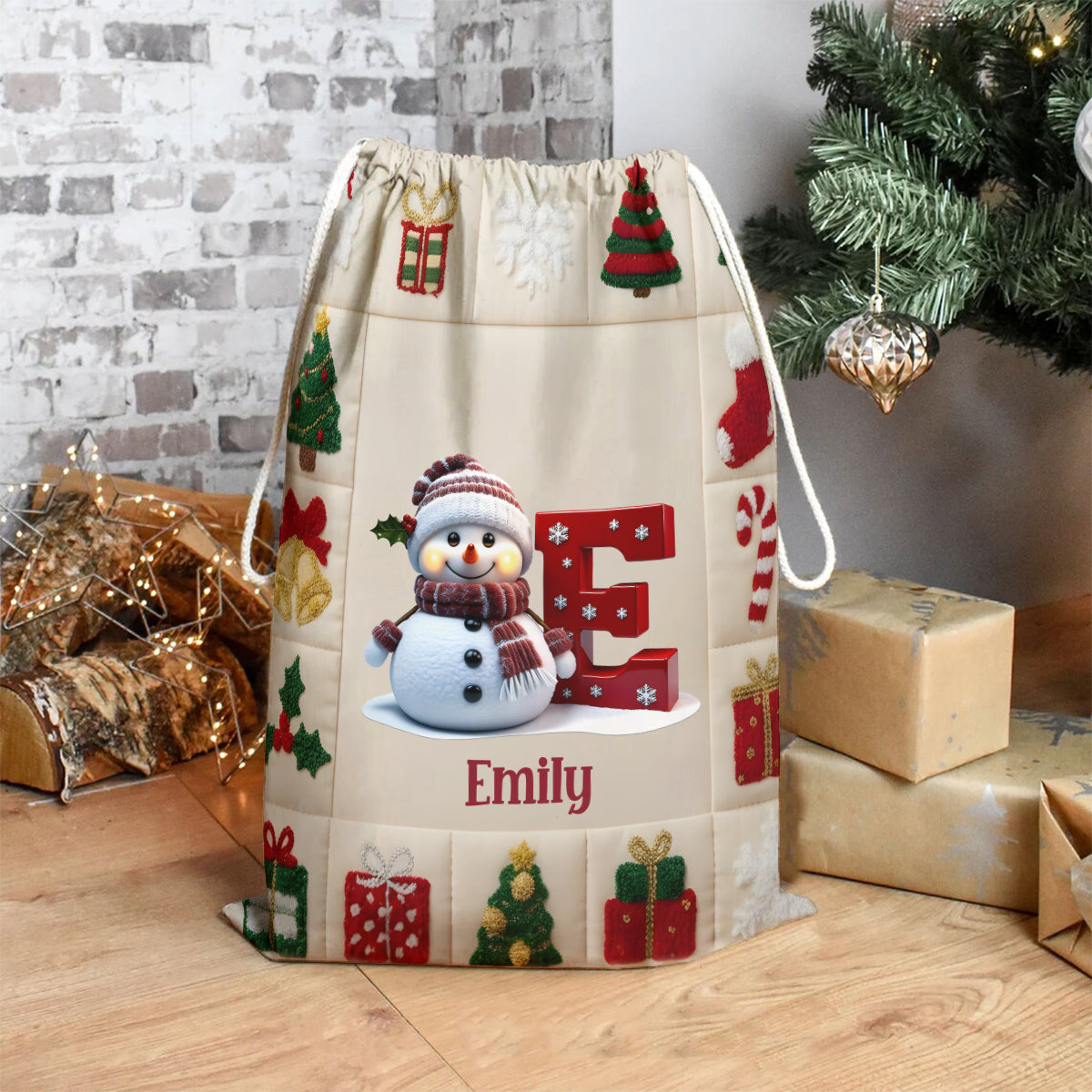 Sac fourre-tout familial personnalisé avec cordon de serrage Alphabet SnowmanPresents