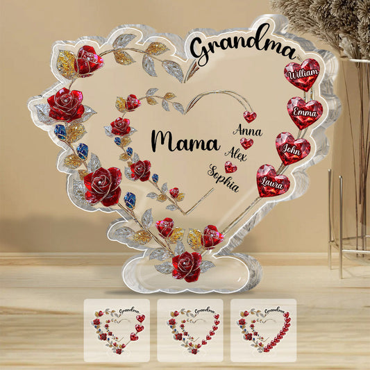 Cœur floral pour grand-mère - Plaque acrylique personnalisée en forme de grand-mère