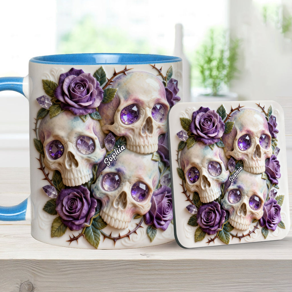 Crânes et roses - Mug et sous-verre personnalisés avec motif tête de mort