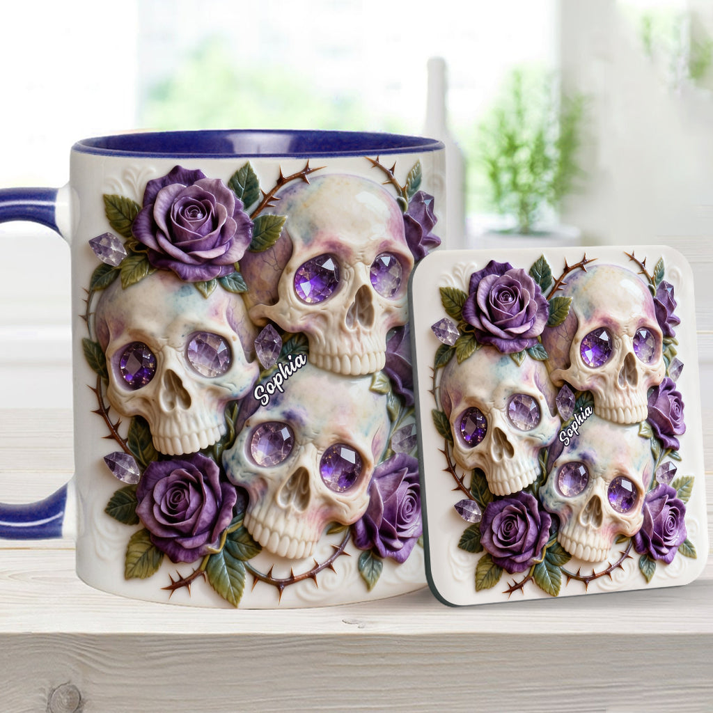 Crânes et roses - Mug et sous-verre personnalisés avec motif tête de mort
