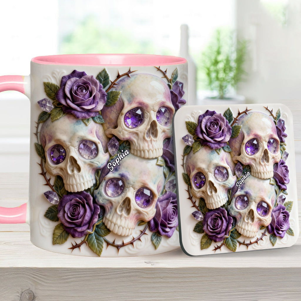 Crânes et roses - Mug et sous-verre personnalisés avec motif tête de mort
