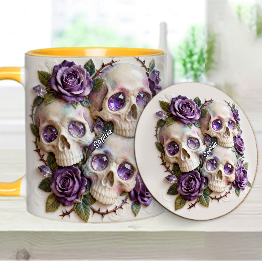 Crânes et roses - Mug et sous-verre personnalisés avec motif tête de mort