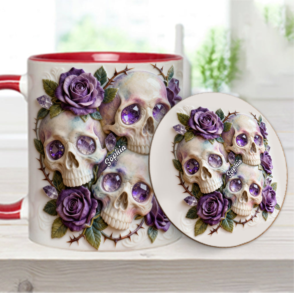 Crânes et roses - Mug et sous-verre personnalisés avec motif tête de mort