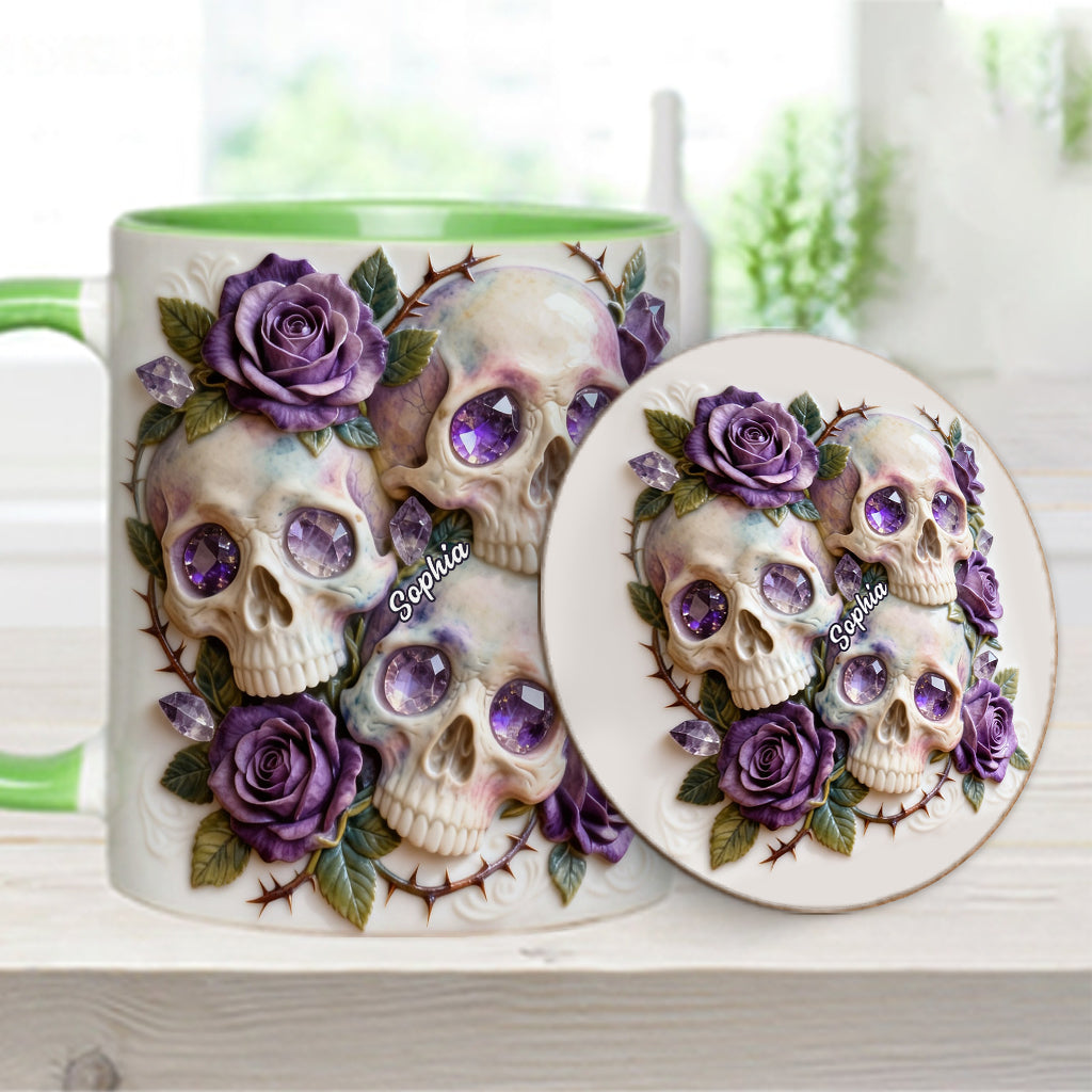 Crânes et roses - Mug et sous-verre personnalisés avec motif tête de mort