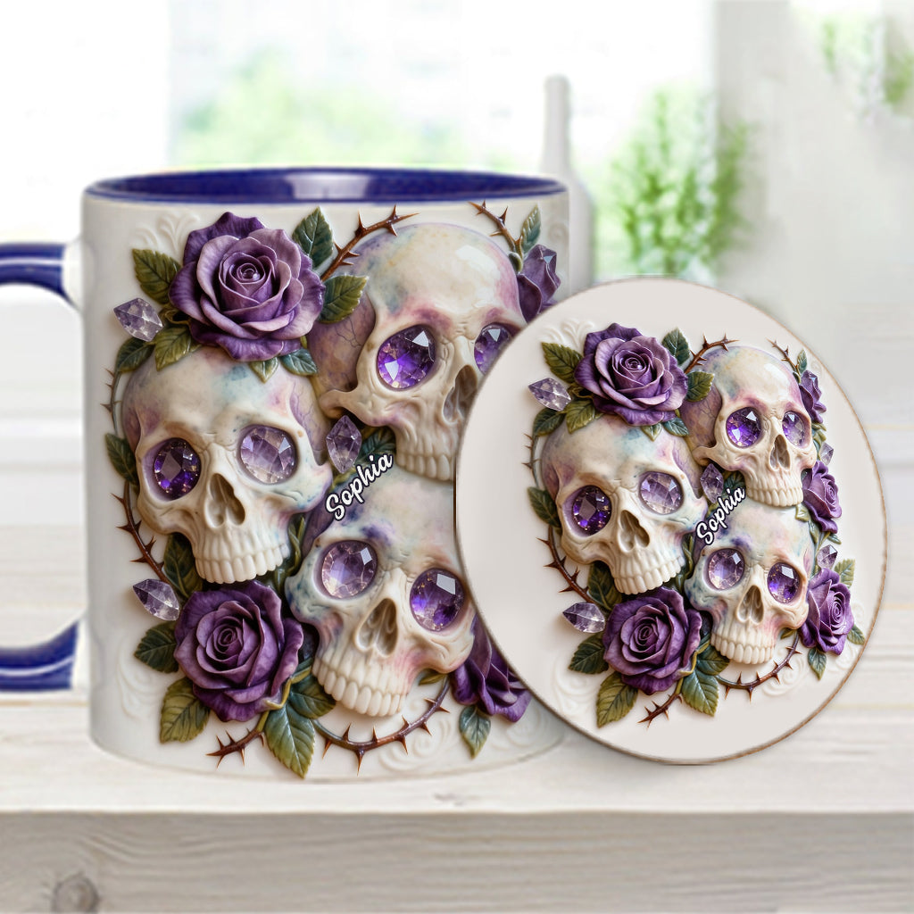 Crânes et roses - Mug et sous-verre personnalisés avec motif tête de mort