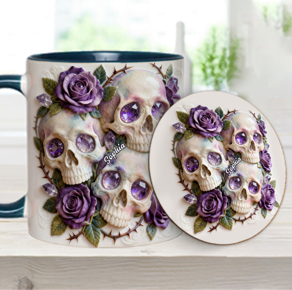 Crânes et roses - Mug et sous-verre personnalisés avec motif tête de mort