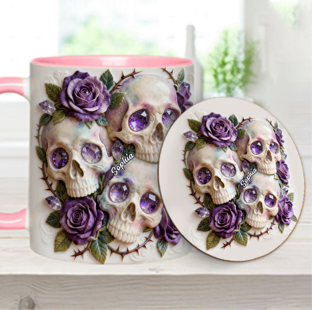 Crânes et roses - Mug et sous-verre personnalisés avec motif tête de mort