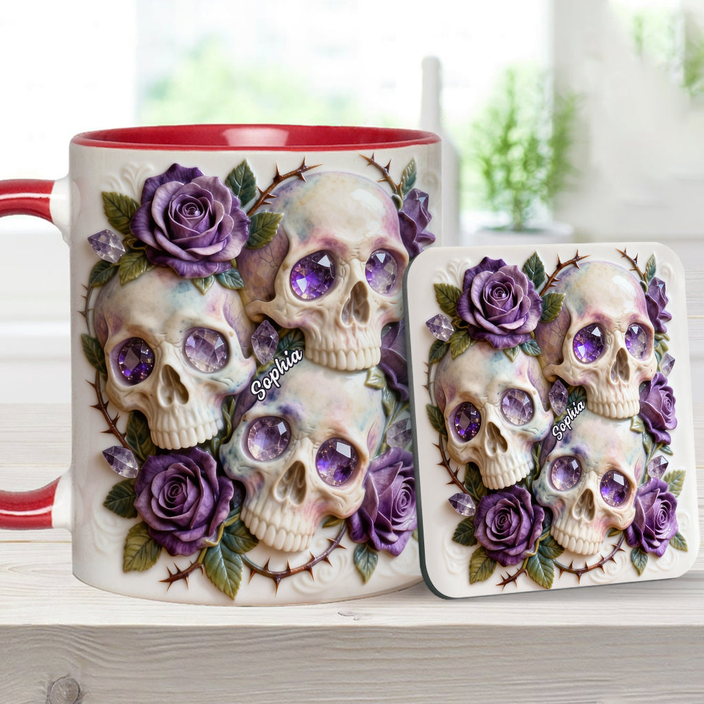 Crânes et roses - Mug et sous-verre personnalisés avec motif tête de mort