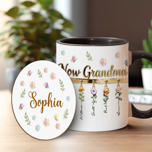 Première maman, maintenant grand-mère - Mug et sous-verre personnalisés « Grand-mère »