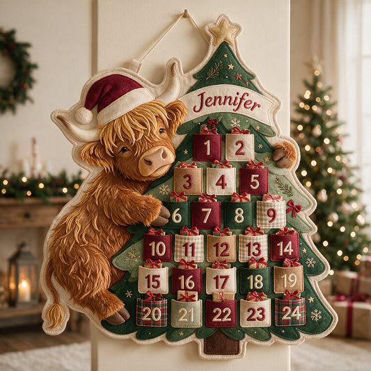 Attendez Noël - Calendrier de l'Avent en Tissu Personnalisé avec Vache des Highlands