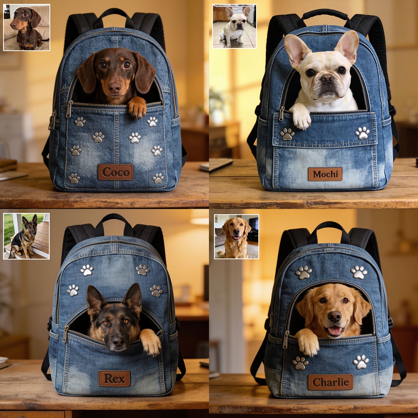Sac à dos en denim personnalisé avec photo - Sac à dos avec patch en cuir interchangeable
