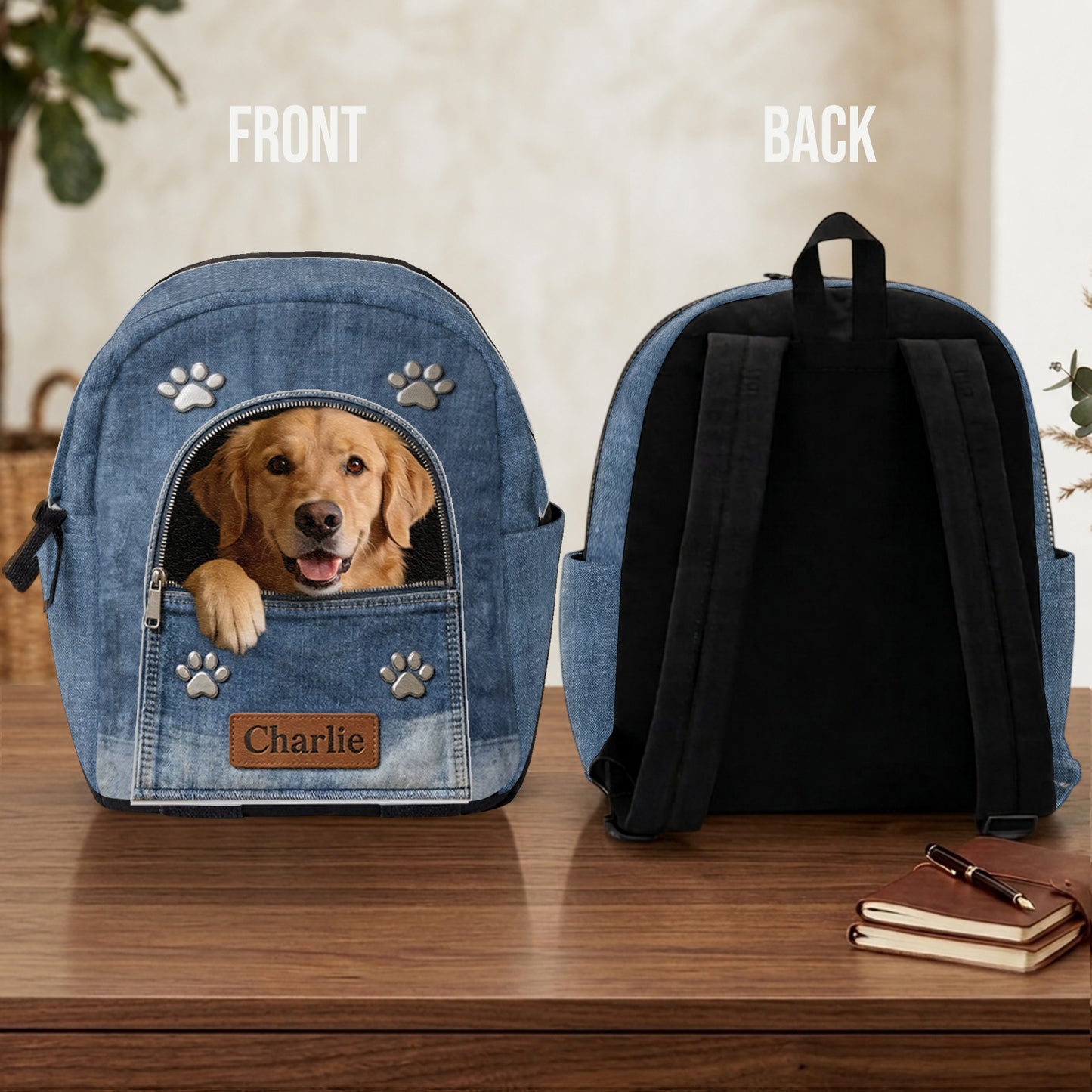 Sac à dos en denim personnalisé avec photo - Sac à dos avec patch en cuir interchangeable